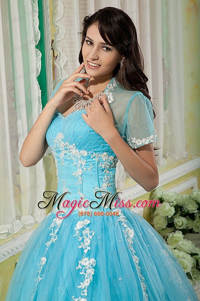 wholesale aqua ball gown sweetheart floor-length tulle appliques quinceanera dress
