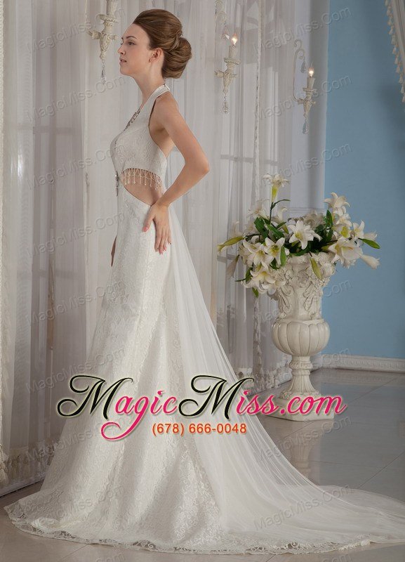 wholesale exclusive trumpet / mermaid halter watteau train tulle rhinestone wedding dress