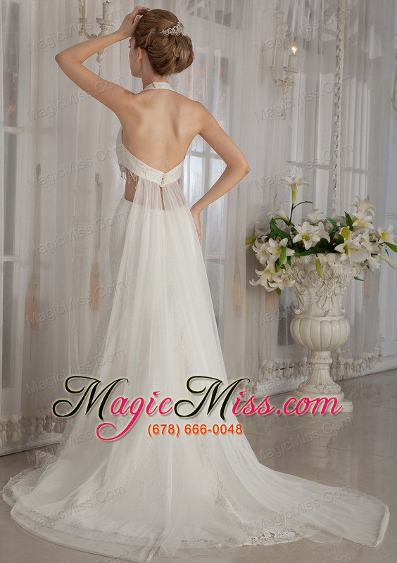 wholesale exclusive trumpet / mermaid halter watteau train tulle rhinestone wedding dress