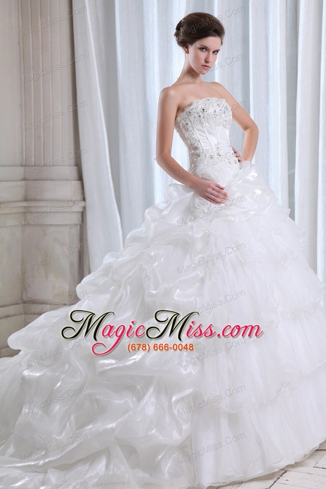 wholesale roamntic a-line strapless court train organza beading and appliques wedding dress