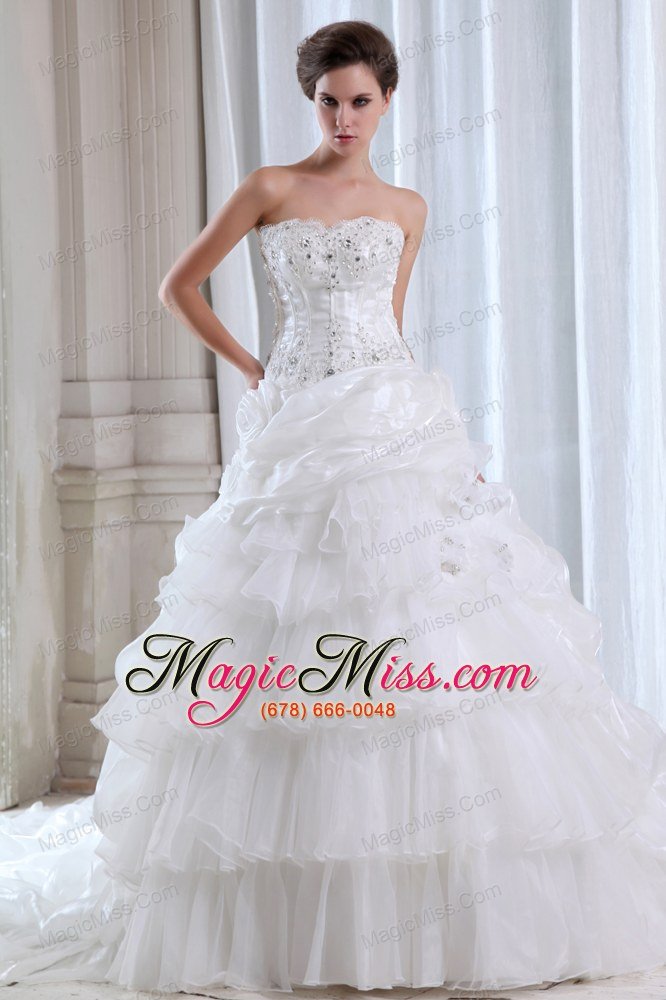 wholesale roamntic a-line strapless court train organza beading and appliques wedding dress