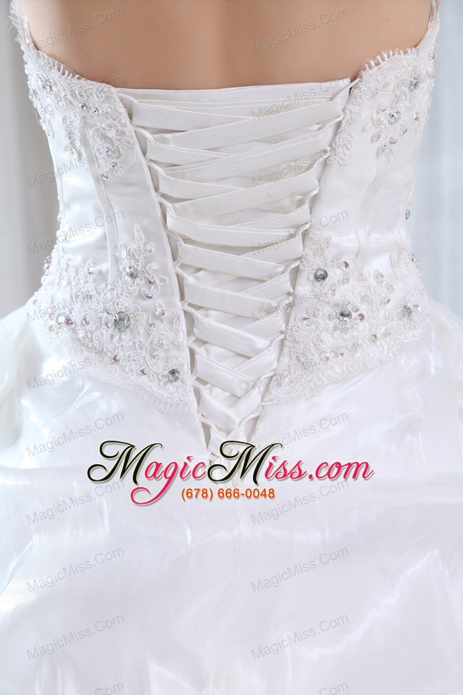 wholesale roamntic a-line strapless court train organza beading and appliques wedding dress