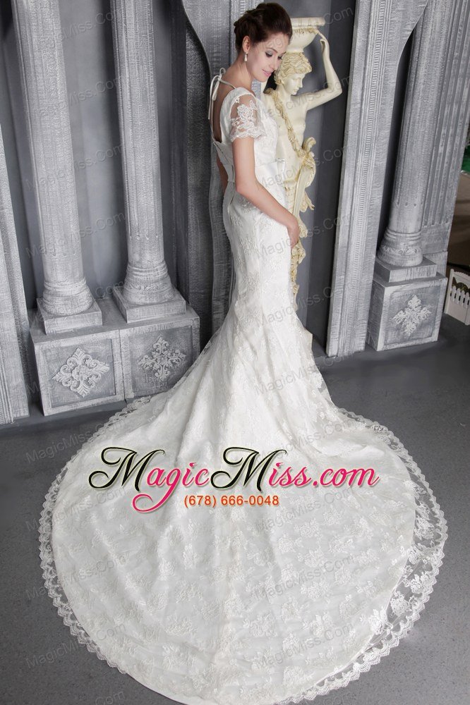 wholesale beautiful column/sheath v-neck chapel train lace sash wedding dress