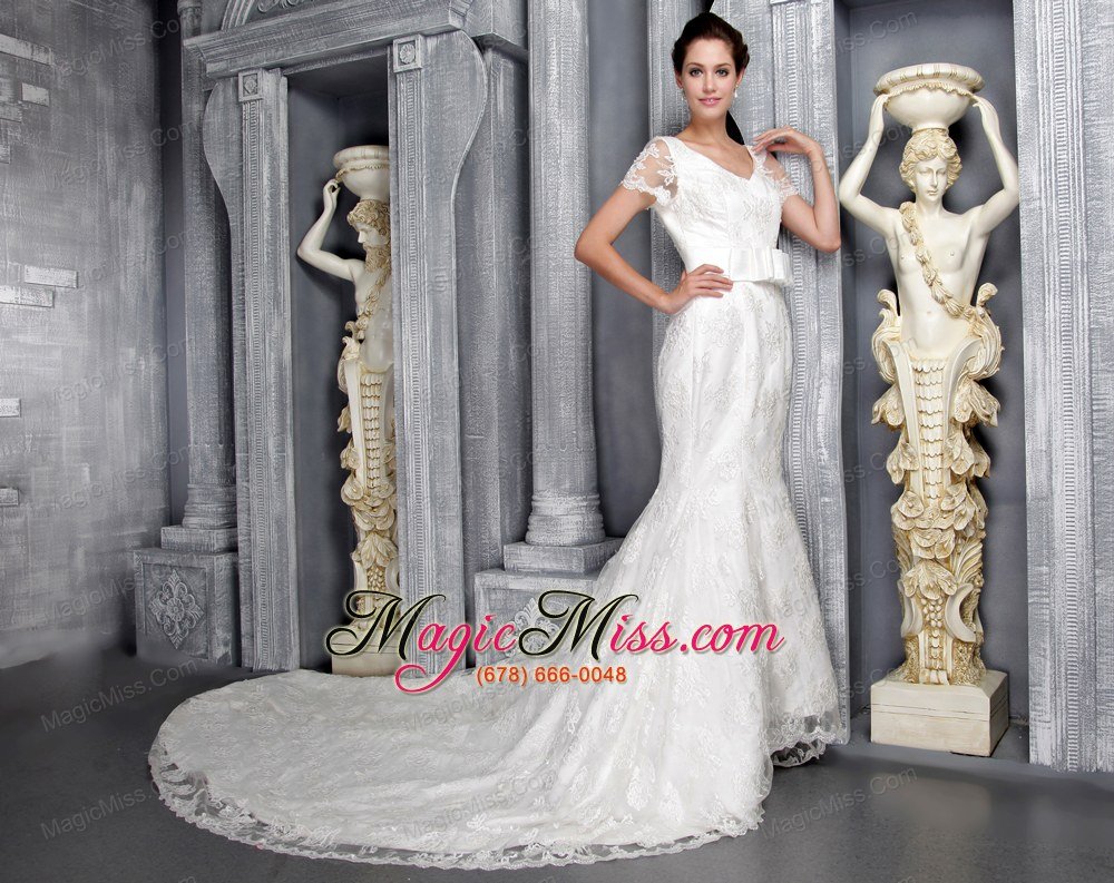 wholesale beautiful column/sheath v-neck chapel train lace sash wedding dress