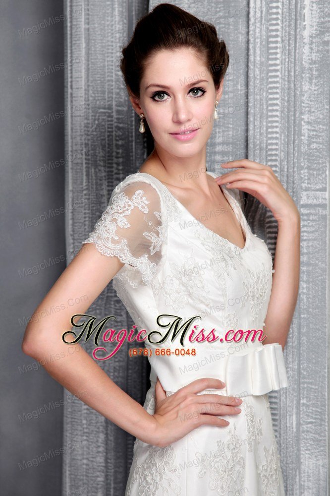 wholesale beautiful column/sheath v-neck chapel train lace sash wedding dress