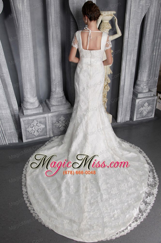 wholesale beautiful column/sheath v-neck chapel train lace sash wedding dress