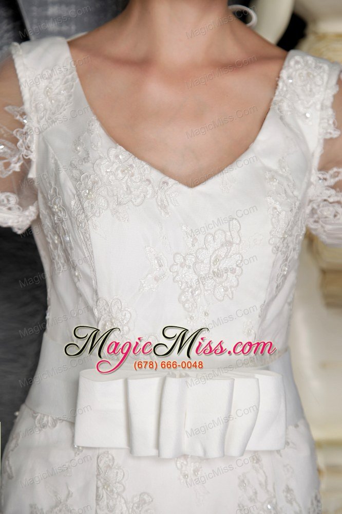 wholesale beautiful column/sheath v-neck chapel train lace sash wedding dress