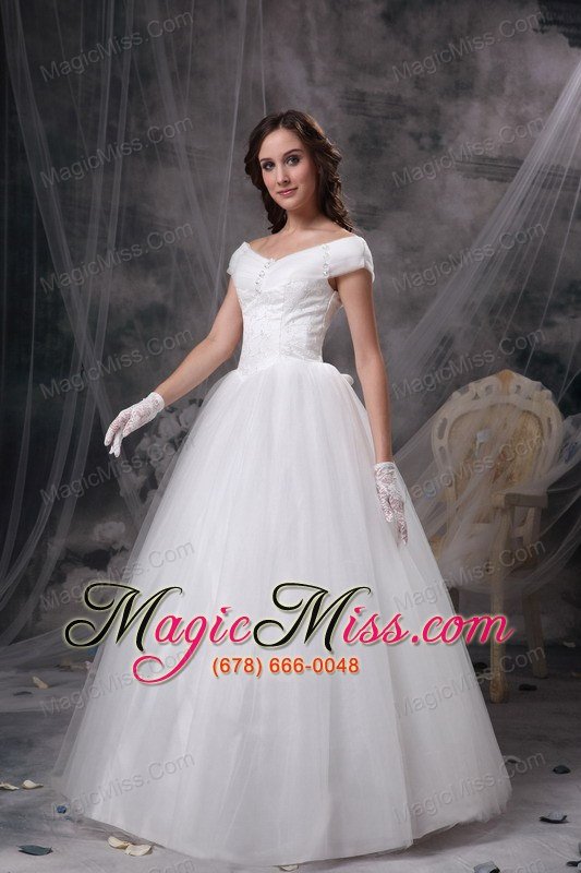 wholesale beautiful a-line off the shoulder floor-length appliques satin and tulle wedding dress