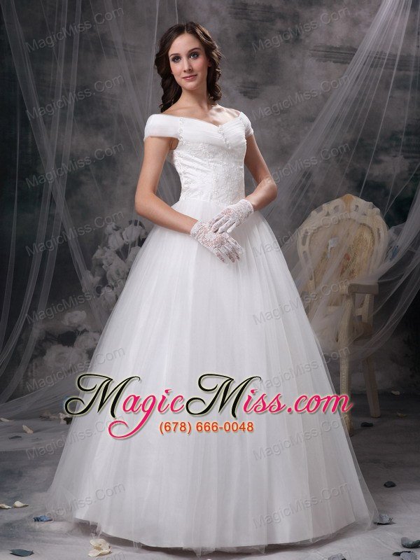 wholesale beautiful a-line off the shoulder floor-length appliques satin and tulle wedding dress