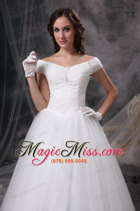 wholesale beautiful a-line off the shoulder floor-length appliques satin and tulle wedding dress