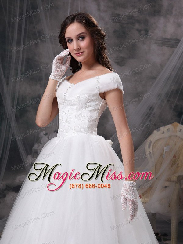 wholesale beautiful a-line off the shoulder floor-length appliques satin and tulle wedding dress