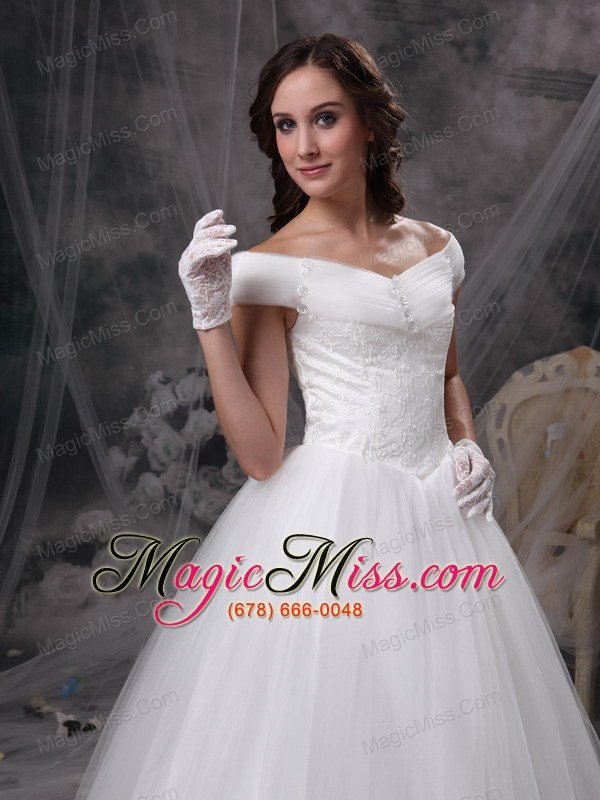 wholesale beautiful a-line off the shoulder floor-length appliques satin and tulle wedding dress