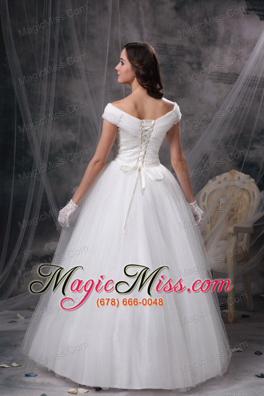 wholesale beautiful a-line off the shoulder floor-length appliques satin and tulle wedding dress