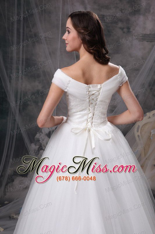 wholesale beautiful a-line off the shoulder floor-length appliques satin and tulle wedding dress