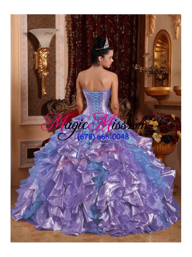 wholesale custom make ball gown strapless ruffles organza embroidery purple quinceanera dress