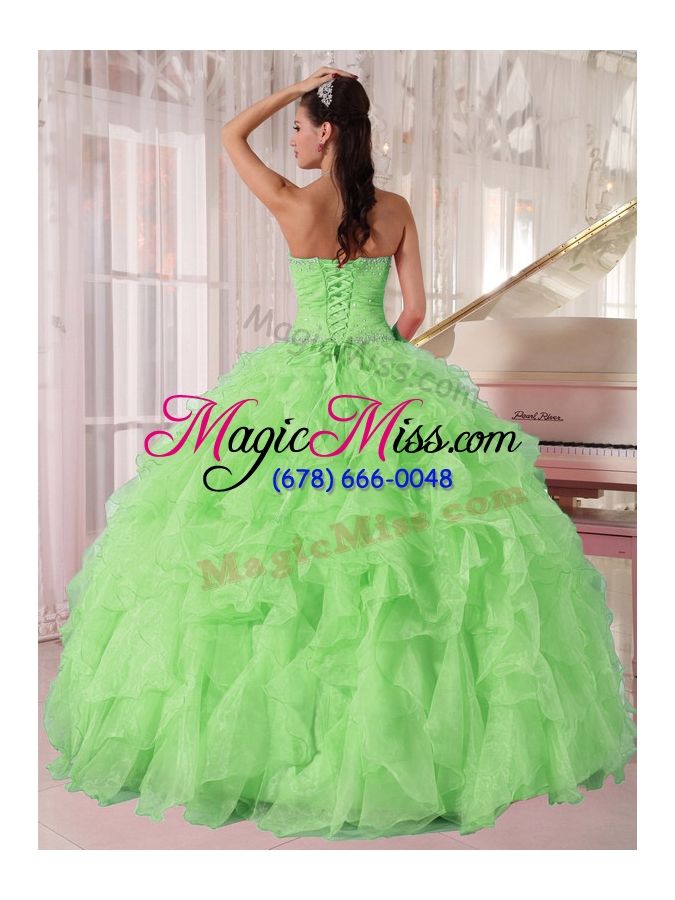 wholesale 2014 new spring green strapless ruffles and beading wholesale quinceanera dress for girl