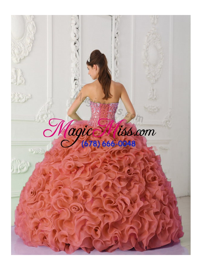 wholesale rust red strapless organza beading and ruffled sweet sixteen dress
