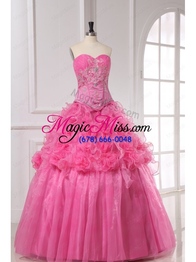 wholesale rose pink sweetheart appliques and rolling flowers quinceanera dress