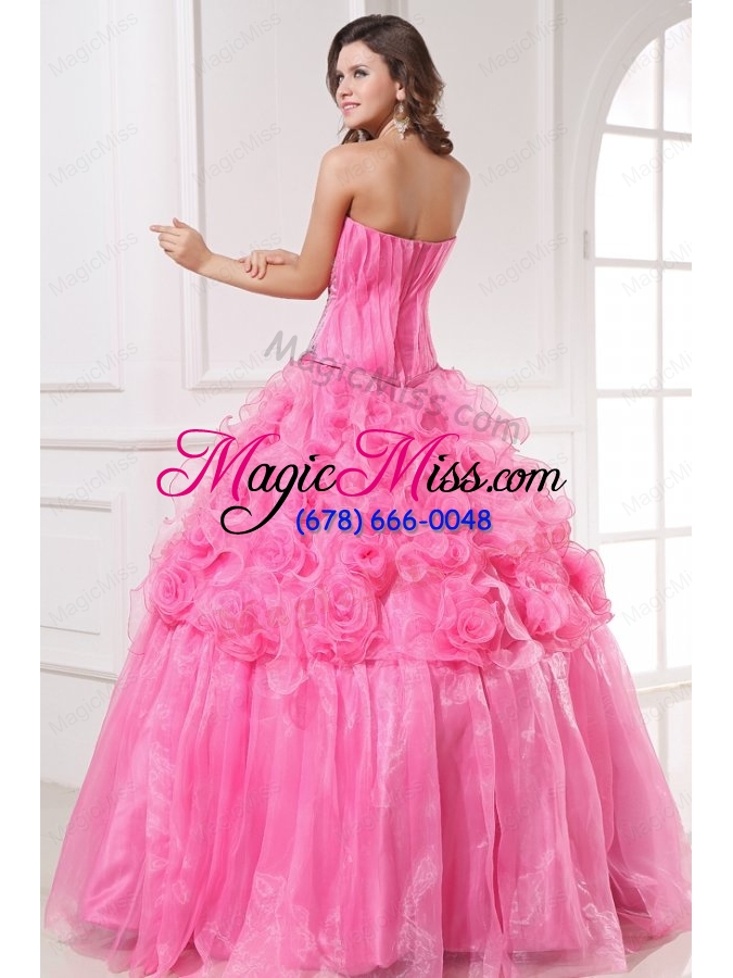 wholesale rose pink sweetheart appliques and rolling flowers quinceanera dress
