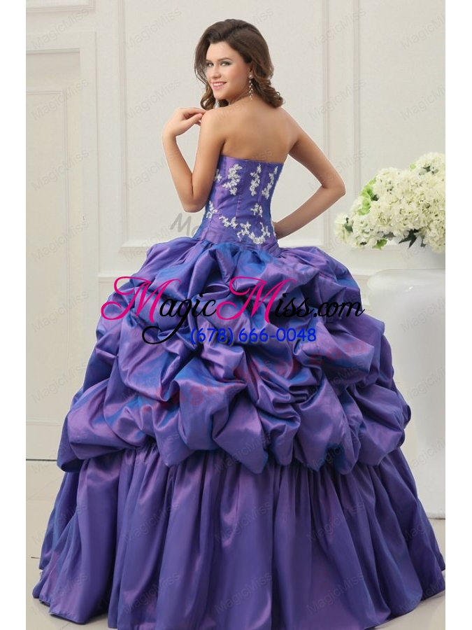 wholesale purple sweetheart appliques and pick ups taffeta quinceanera dress