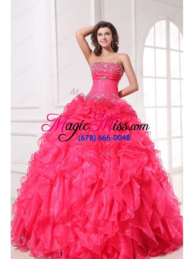 wholesale strapless organza coral red quinceanera dress with beading and ruffles