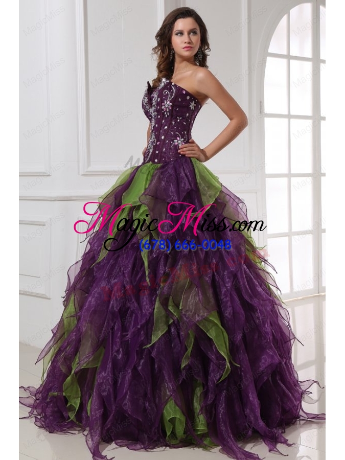 wholesale green and purple strapless rhinestone quinceanera dress with organza