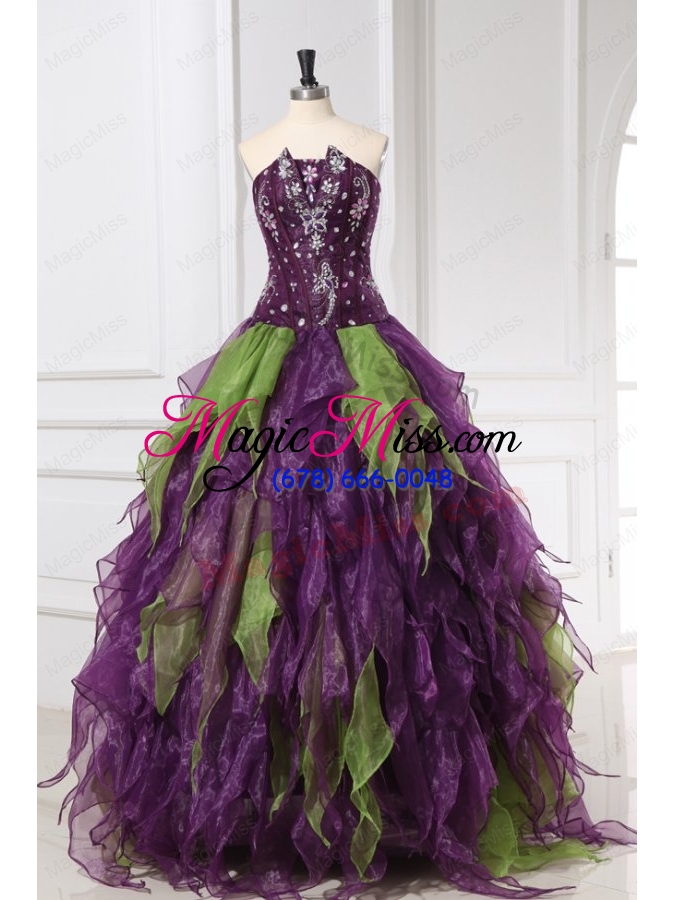 wholesale green and purple strapless rhinestone quinceanera dress with organza