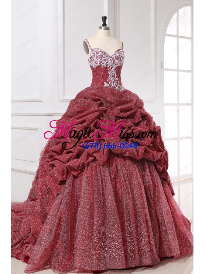 wholesale burgundy spaghetti straps appliques and pick ups quinceanera  dress