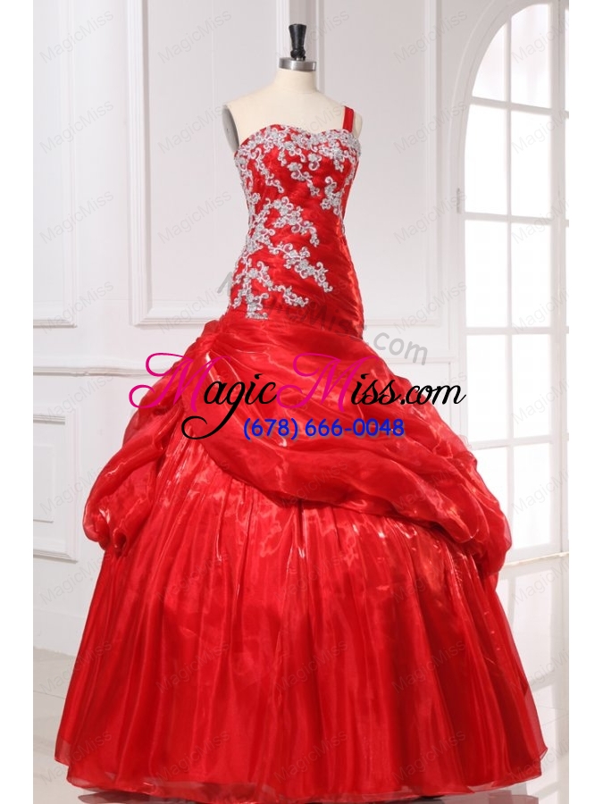 wholesale one shoulder red organza long quinceanera dress with appliques