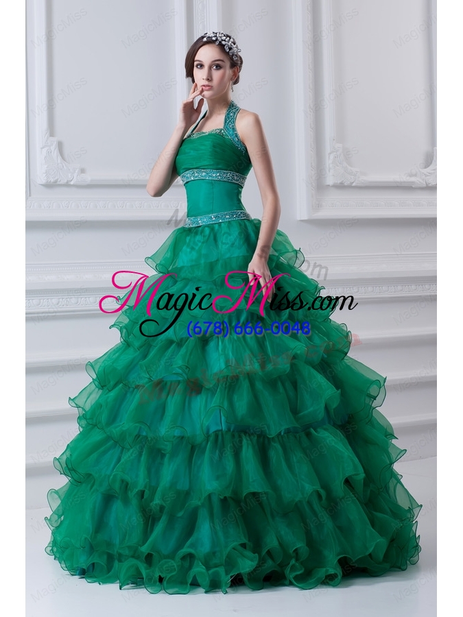 wholesale 2015 spring a line hater top beading and appliques green quinceanera dress