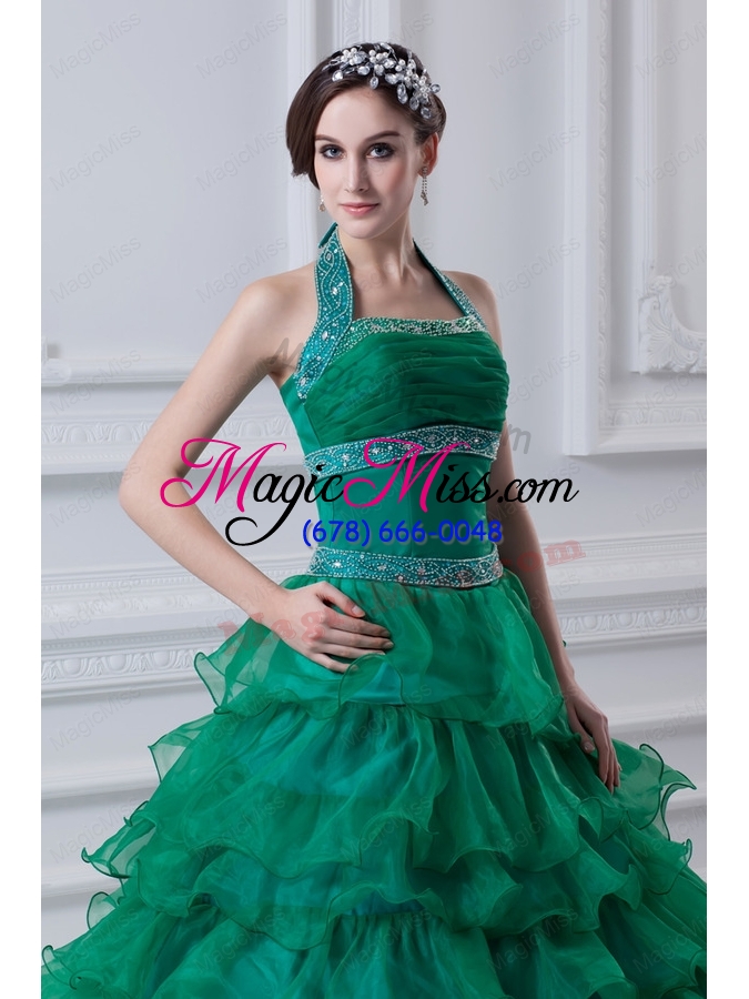 wholesale 2015 spring a line hater top beading and appliques green quinceanera dress