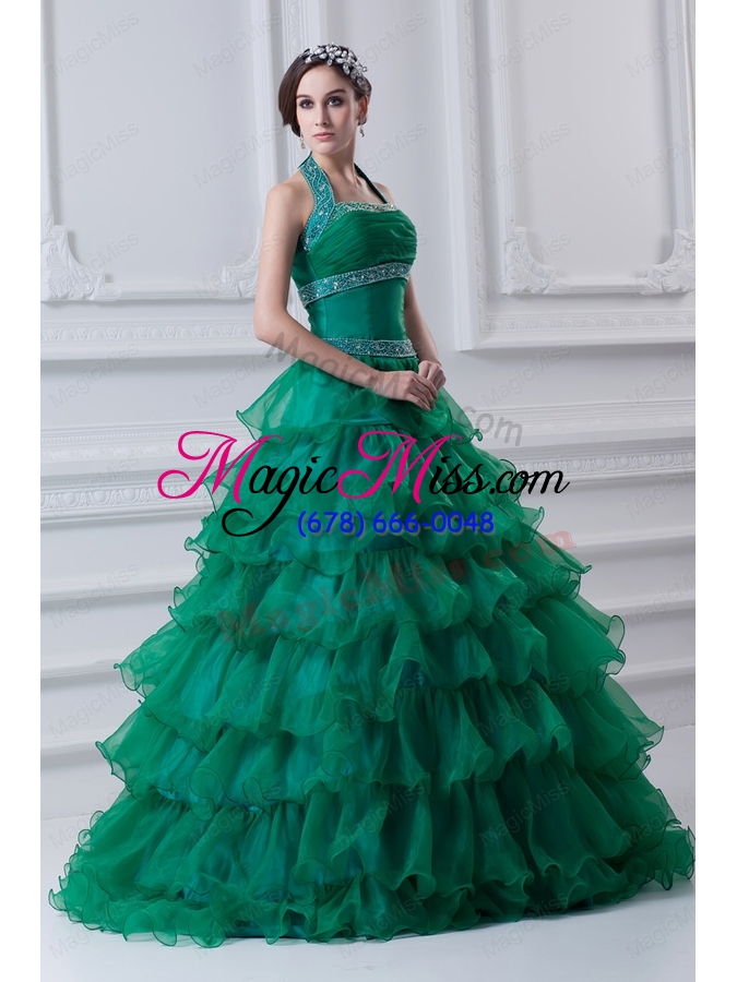 wholesale 2015 spring a line hater top beading and appliques green quinceanera dress