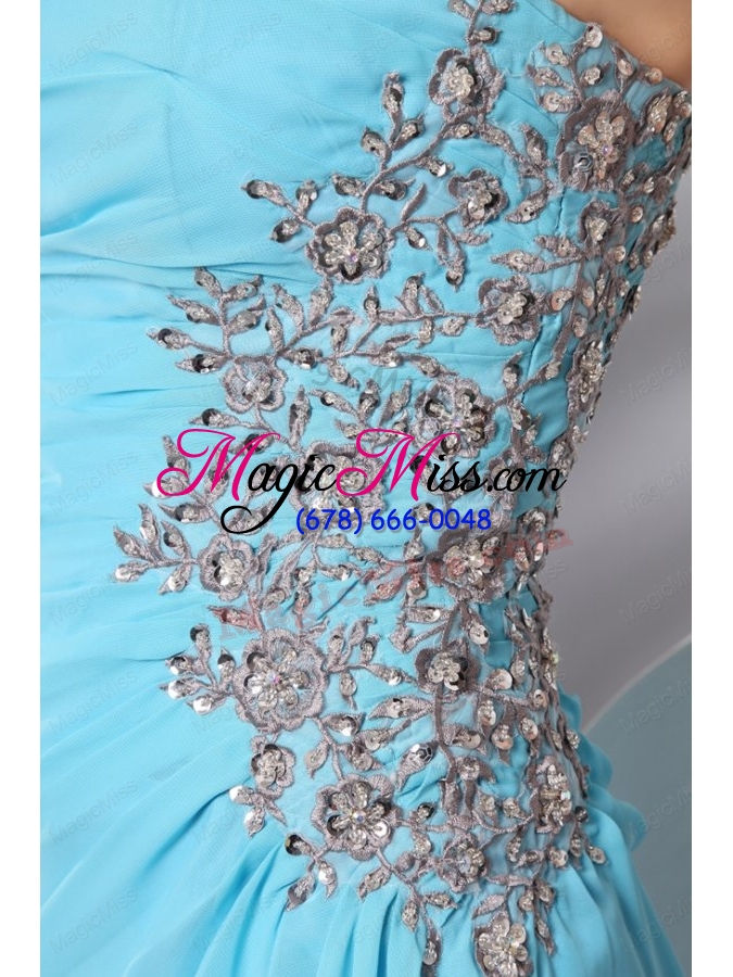 wholesale strapless aqua blue floor length appliques and high silt prom dress