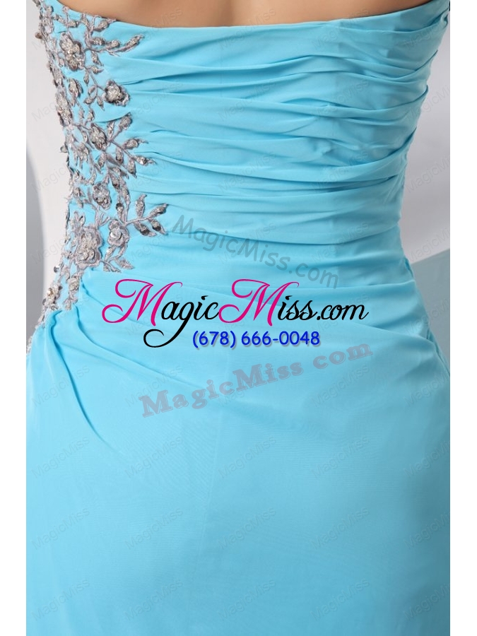 wholesale strapless aqua blue floor length appliques and high silt prom dress