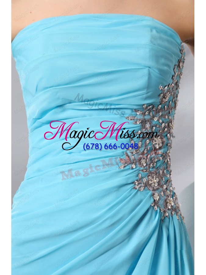 wholesale strapless aqua blue floor length appliques and high silt prom dress