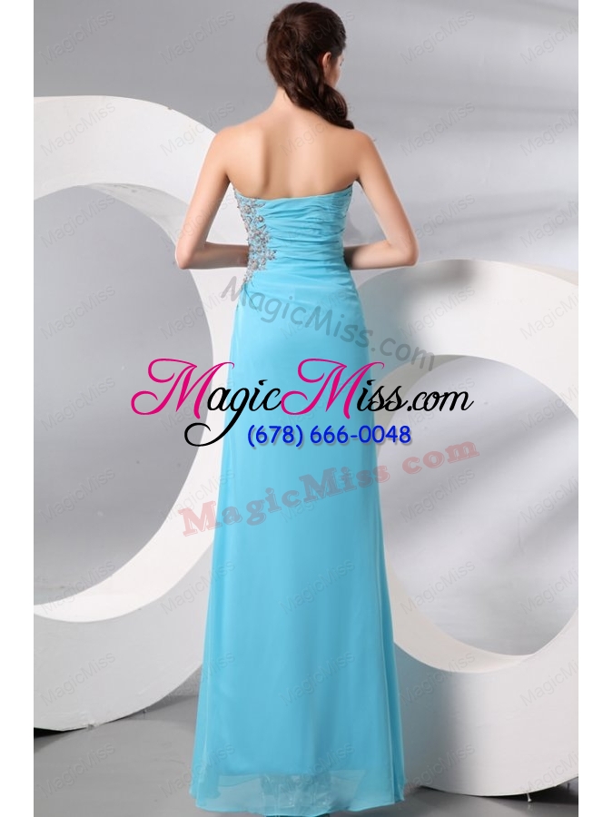 wholesale strapless aqua blue floor length appliques and high silt prom dress