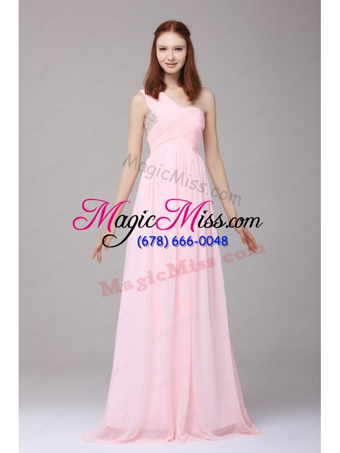 wholesale empire one shoulder chiffon beading brush train prom dress in baby pink