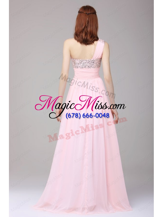 wholesale empire one shoulder chiffon beading brush train prom dress in baby pink