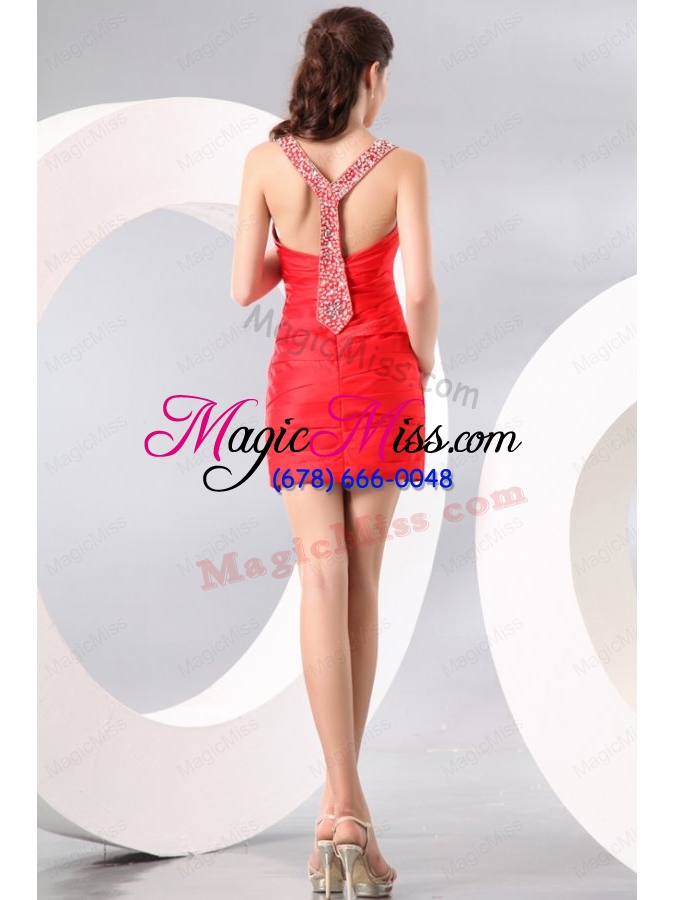 wholesale column straps beading and ruching short red prom dress