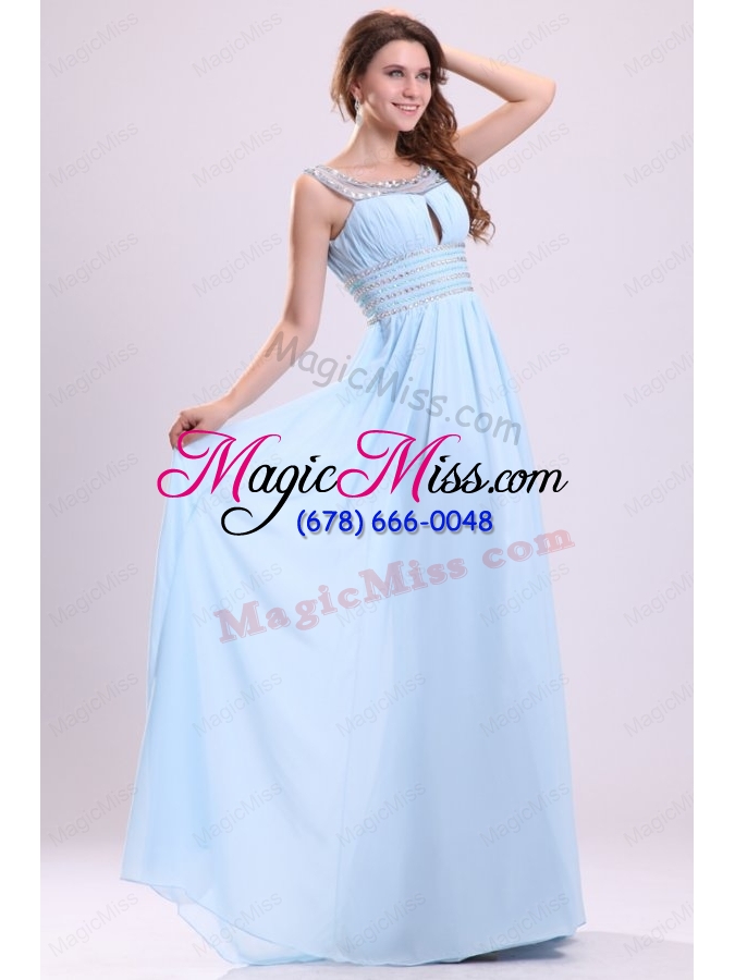 wholesale baby blue empire beading scoop chiffon prom dress with side zipper