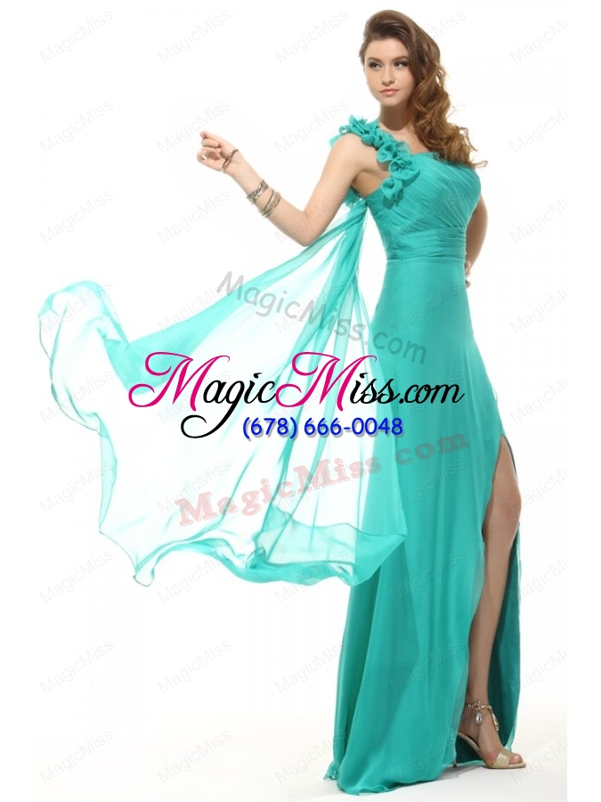 wholesale empire turquoise one shoulder chiffon watteau train ruching prom dress