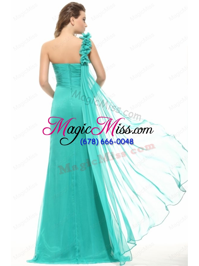 wholesale empire turquoise one shoulder chiffon watteau train ruching prom dress