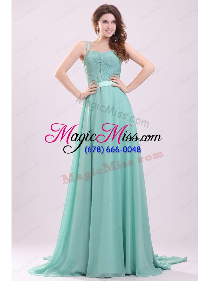 wholesale aqua blue empire straps beading green chiffon prom dress with brush train