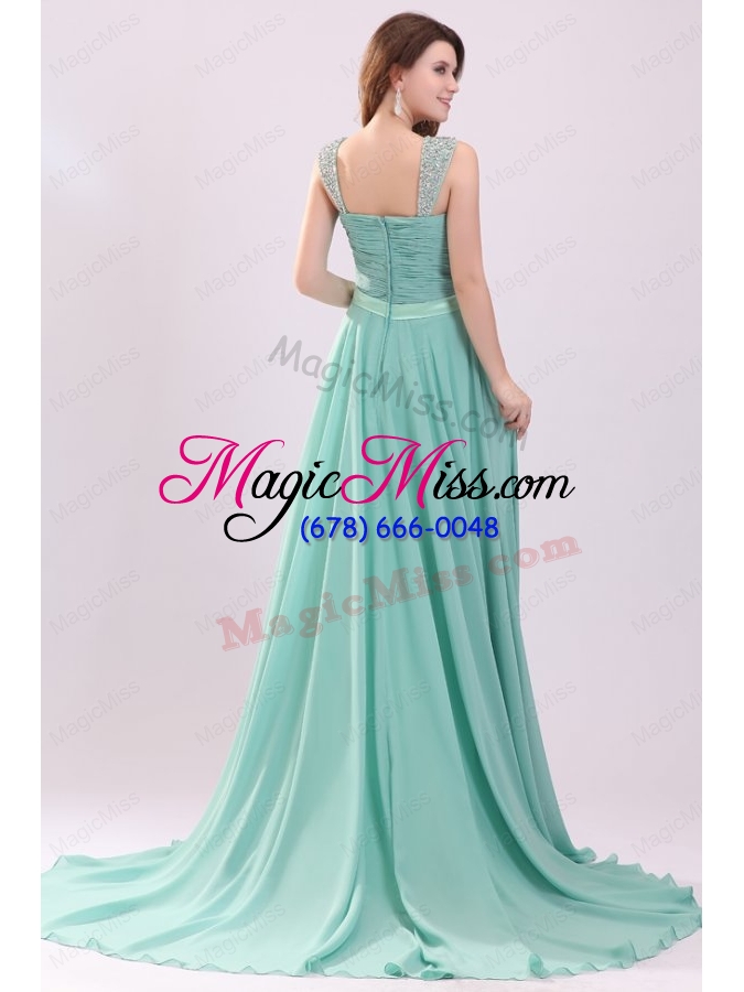 wholesale aqua blue empire straps beading green chiffon prom dress with brush train