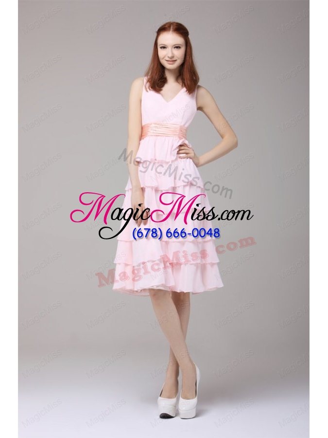 wholesale cute princess baby pink v neck ruffled layers ruching bridesmaid dress