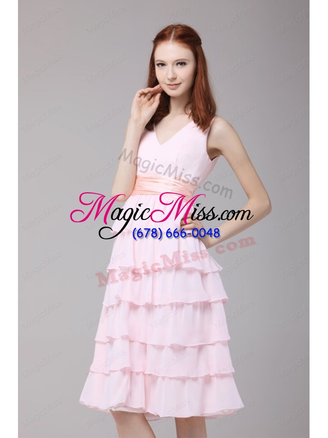 wholesale cute princess baby pink v neck ruffled layers ruching bridesmaid dress