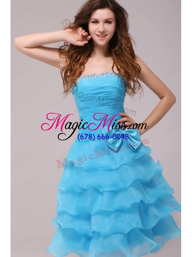 wholesale baby blue princess strapless ruffled layers bow bridesmaid dress