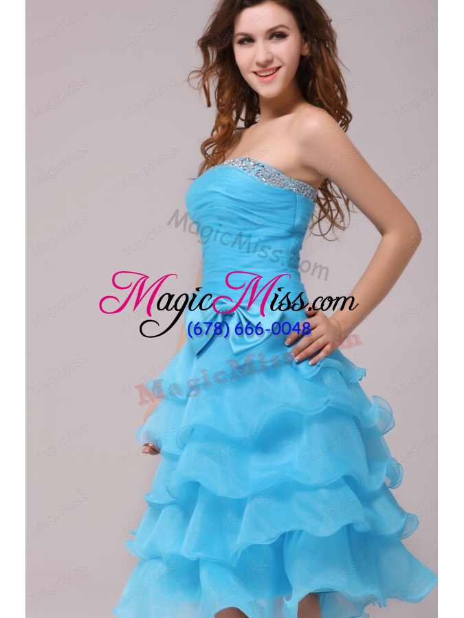 wholesale baby blue princess strapless ruffled layers bow bridesmaid dress