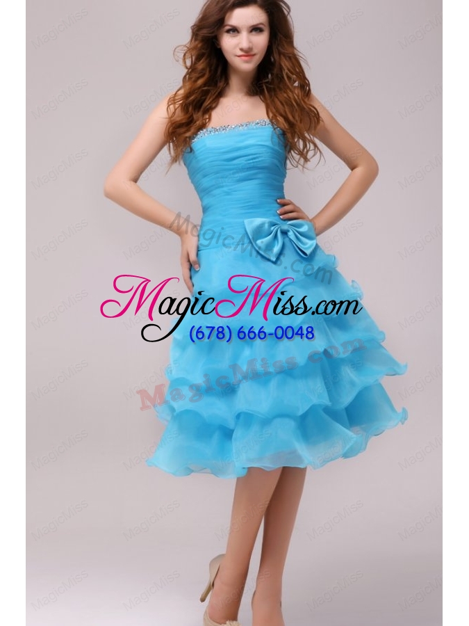 wholesale baby blue princess strapless ruffled layers bow bridesmaid dress