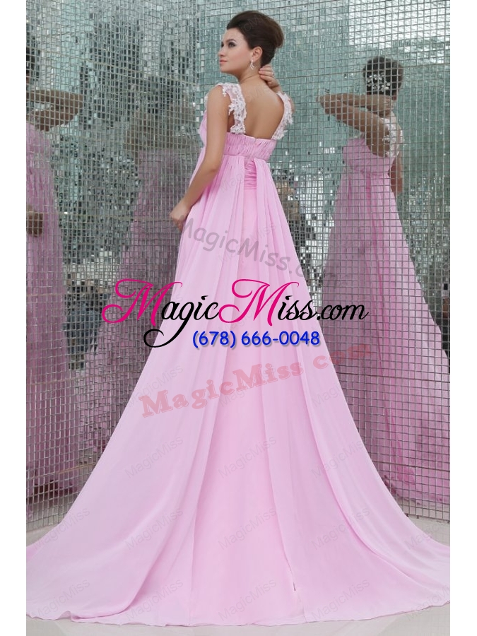 wholesale empire straps rose pink appliques and ruching chiffon bridesmaid dress